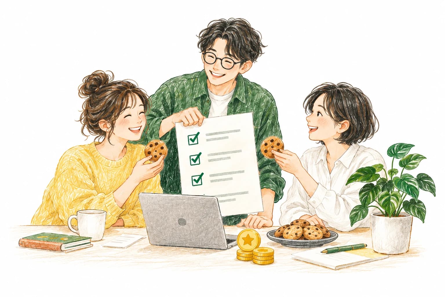 タスクの達成を喜び、お菓子を分け合うチームのイラスト